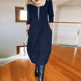 Nele – Rochie de Damă Midi Elegantă cu Mâneci 3/4 și Buzunare