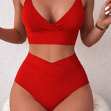 Quirine | Set Bikini cu Talie Înaltă - Top V-Wrap Push-Up & Pantaloni Sculptanți