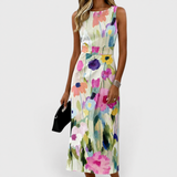 Carmina | Rochie Midi fără Mâneci cu Flori în Acuarelă