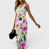 Carmina | Rochie Midi fără Mâneci cu Flori în Acuarelă