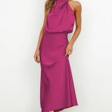 Carlina | Rochie lungă din satin cu decolteu halter