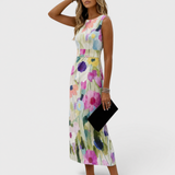 Carmina | Rochie Midi fără Mâneci cu Flori în Acuarelă