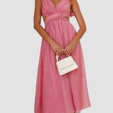 Ava – Rochie Midi Damă Roz cu Mâneci Puff și Croi Fluid