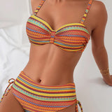 Roza | Costum de baie din două piese cu imprimeu în dungi