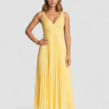 Alva – Rochie de Damă Midi Plisată cu Decolteu în V Galbenă