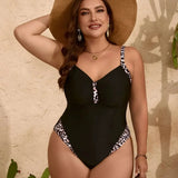 Liliana | Costum de baie întreg cu imprimeu leopard negru și decolteu în V