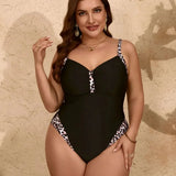 Liliana | Costum de baie întreg cu imprimeu leopard negru și decolteu în V
