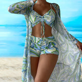 Philomina | Set Bikini 3-Piese cu Imprimare Spiralată și Top cu Siret