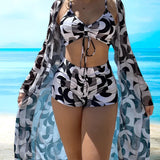 Philomina | Set Bikini 3-Piese cu Imprimare Spiralată și Top cu Siret