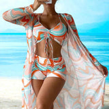 Philomina | Set Bikini 3-Piese cu Imprimare Spiralată și Top cu Siret