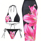 Quarissa | Bikini triunghi cu imprimeu lotus și fustă maxi transparentă