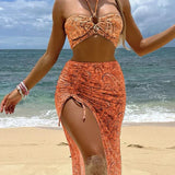 Quinah | Set Bikini Boho cu Top Bandeau & Fustă de Plajă