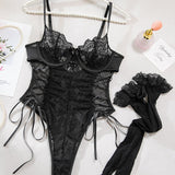 Christina | Body transparent din dantelă cu model floral și fundiță pe lateral