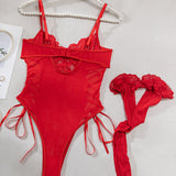 Christina | Body transparent din dantelă cu model floral și fundiță pe lateral