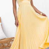 Alva – Rochie de Damă Midi Plisată cu Decolteu în V Galbenă