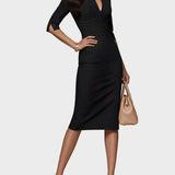 Elena - Rochie Midi cu Mâneci Scurte și Dungi Negru