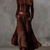 Lorena - Rochie lungă vintage din ante cu carouri bleumarin (include curea)