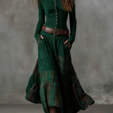 Lorena - Rochie lungă vintage din ante cu carouri bleumarin (include curea)