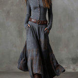 Lorena - Rochie lungă vintage din ante cu carouri bleumarin (include curea)