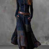 Lorena - Rochie lungă vintage din ante cu carouri bleumarin (include curea)