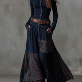 Lorena - Rochie lungă vintage din ante cu carouri bleumarin (include curea)