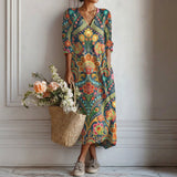 Loredana – Rochie Artistică cu Broderie Geometrică în Tonuri Naturale